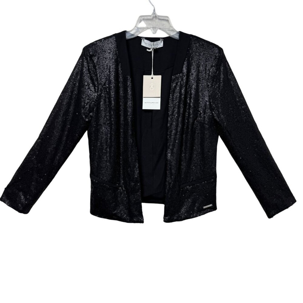 Rino & Pelle NEW Sequin Open Front Blazer Jacket Women 38 Black